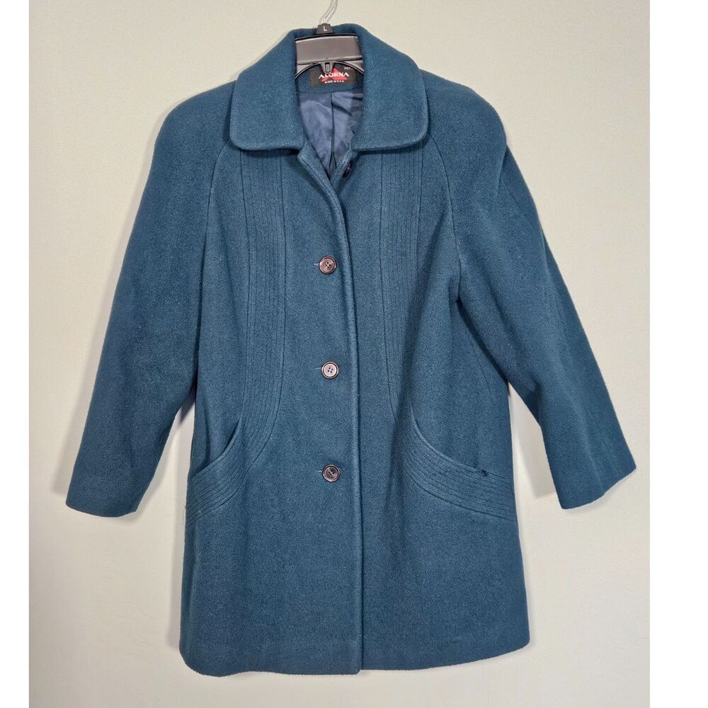 Vintage Alorna USA Made Wool Blend Car Coat Teal Blue Pintuck Detail Petite Med